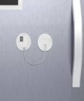 Kid Proof Fridge And Cabinet Lock With Password Protection, White plastic lock installed on a grey fridge for safety