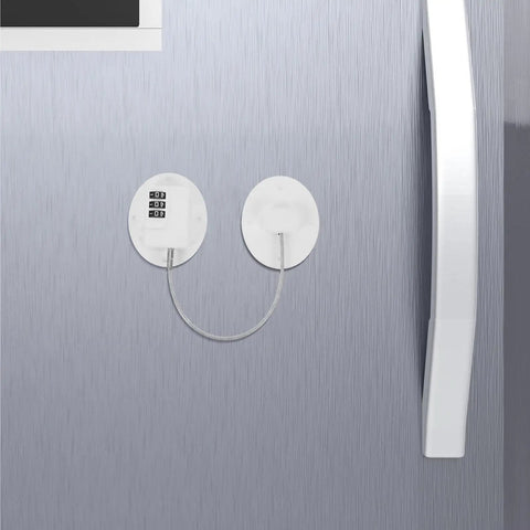 Kid Proof Fridge And Cabinet Lock With Password Protection, White plastic lock installed on a grey fridge for safety