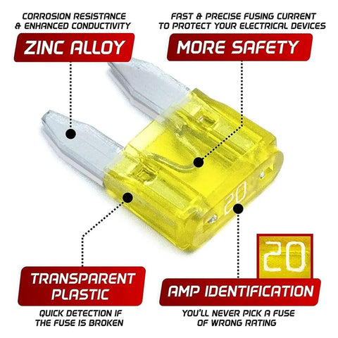 Close-up of yellow blade fuse highlighting zinc alloy, transparent plastic, and amp identification for Dope Car Fuse Kit With Blade Fuses And Storage Box 800 Piece Auto Truck Fuse Assortment Set In Mini Standard Size For Quick Swap And Smooth Vehicle Repairs.