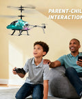 Child and adult flying Heavy Duty RC Helicopter For Kids With LED Lights, 2.4GHz Remote, indoors, showcasing parent-child interaction