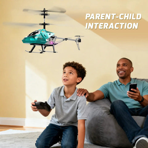 Child and adult flying Heavy Duty RC Helicopter For Kids With LED Lights, 2.4GHz Remote, indoors, showcasing parent-child interaction