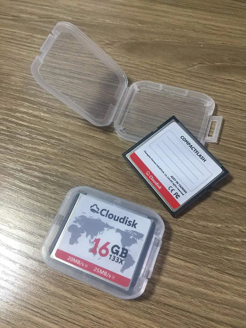 Hella Solid 16GB Compact Flash Card CF 2.0 High Speed Storage For Dslr And Vintage Cameras Shoot Raw Jpeg Photos No Sweat Backup For Your Photo Gear Straight Up Reliable in protective case on wooden surface.