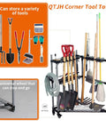 Rolling Garden Tool Organizer With Wheels Corner Storage Rack For Long Handled Tools And Yard Cleanup displayed with tools