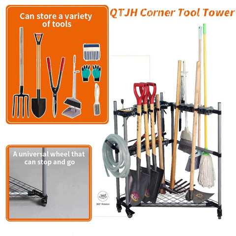 Rolling Garden Tool Organizer With Wheels Corner Storage Rack For Long Handled Tools And Yard Cleanup displayed with tools