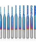 SainSmart Genmitsu nano blue-coated end mills set, 10 pcs, 0.8–3 mm dia, 1/8 in shank
