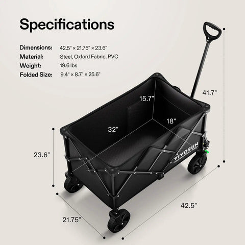 Heavy Duty Collapsible Folding Wagon With 350 Lb Haul Capacity, showing dimensions and materials, steel frame and PVC wheels.