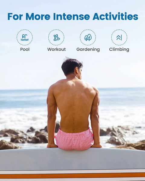Back view of man sitting by sea wearing 2 In 1 Mens Swim Trunks With Built In Compression Liner For Support 7 Inch Board Shorts