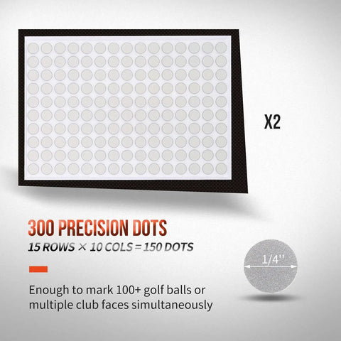 300 high reflective glass bead dots for swing analysis, shown in rows and columns, suitable for golf launch monitors.