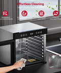 Top Shelf Eight Tray Stainless Steel Food Dehydrator With No Sweat Temperature Tuning, featuring a transparent door and stainless steel racks.