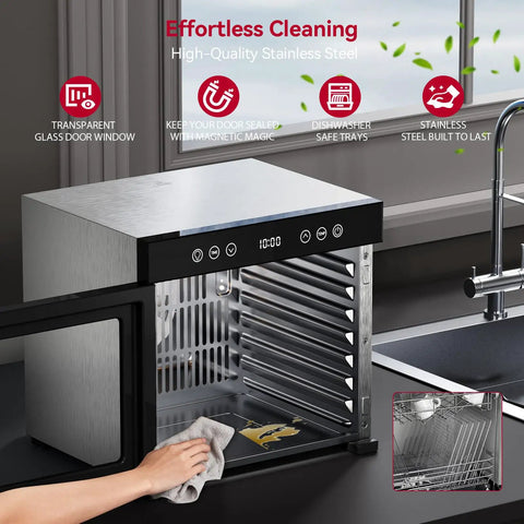 Top Shelf Eight Tray Stainless Steel Food Dehydrator With No Sweat Temperature Tuning, featuring a transparent door and stainless steel racks.