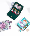 Three Slim Floral RFID Wallets For Women, Vegan Leather Bifold With Zipper Coin Pocket, ID Window, open and closed views.