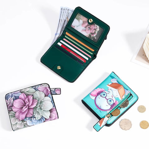 Three Slim Floral RFID Wallets For Women, Vegan Leather Bifold With Zipper Coin Pocket, ID Window, open and closed views.