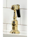 Close-up of side sprayer from Duchess Widespread Kitchen Faucet Sprayer In Polished Brass, Solid Brass Build, on white background