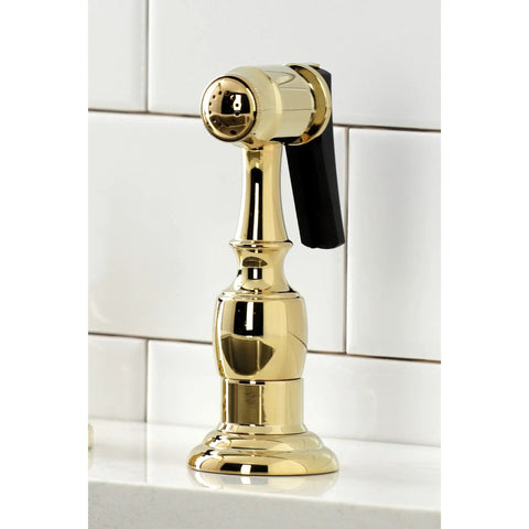 Close-up of side sprayer from Duchess Widespread Kitchen Faucet Sprayer In Polished Brass, Solid Brass Build, on white background