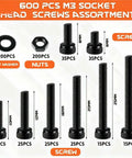 600Pcs M3 Screws and 12.9 Alloy Steel Nuts Bolts Set, Black Zinc Plated Hex Socket Head displayed with washers