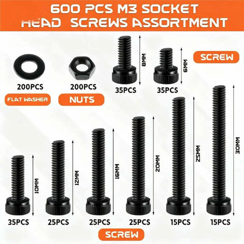 600Pcs M3 Screws and 12.9 Alloy Steel Nuts Bolts Set, Black Zinc Plated Hex Socket Head displayed with washers