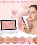 Woman using 5 Inch Digital Scalp Camera For Skin Health Analysis With 50x And 200x Lenses, showing skin close-up on screen.