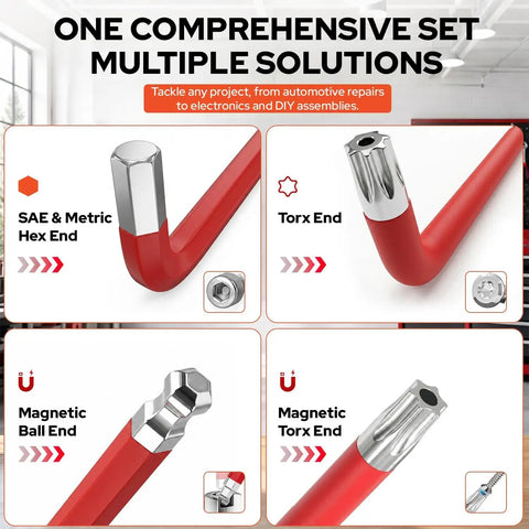 Top Tier 28-Piece Color-Coded Hex Key And Torx Wrench Set With Magnetic Ball Ends For SAE Metric Bolt Fixin' Plus T-Handle Speed Wrench Tool Kit Perfect For Guys Who Like Pro Gear. Red hex and Torx ends, magnetic tips