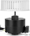 Front view of Replacement Bathroom Exhaust Fan Motor and Blower Wheel for Nutone models, 3.3 inch diameter, 115V, black and white parts.