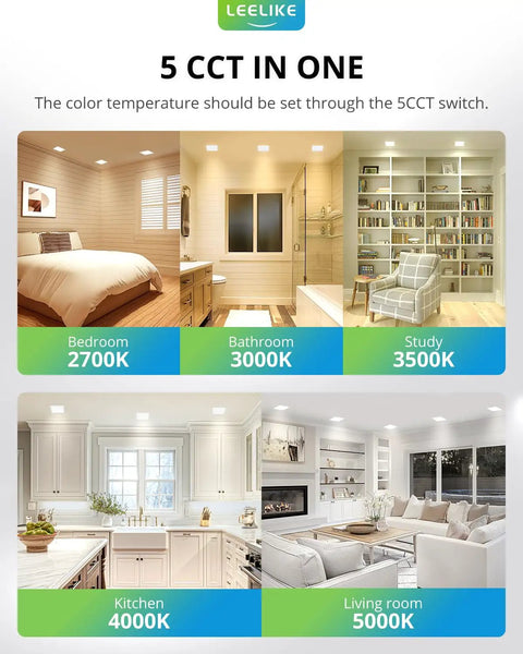 5 CCTs using 6 Inch Square LED Recessed Ceiling Light Dimmable Canless Wafer Downlight Damp Rated with bedroom, bathroom, study, kitchen, living room shown