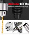Heavy Duty 4 Piece 1/2 Inch Drill Chuck Kit With Genuine JT33 Taper Shank And Bulletproof Morse Arbors Plus No Sweat Tightening Key For Badass Woodworking Rigs, showing mini lathe drill chuck with drill bit.