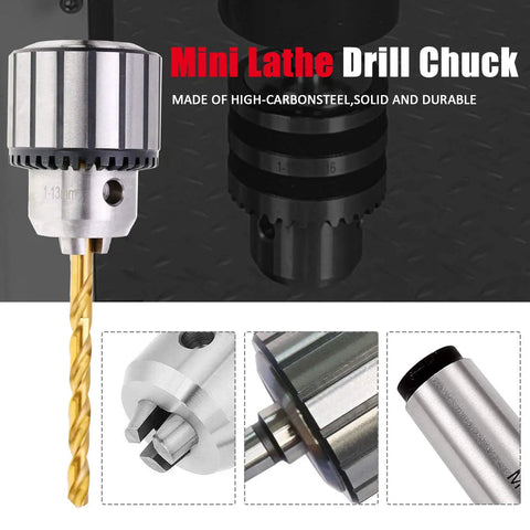 Heavy Duty 4 Piece 1/2 Inch Drill Chuck Kit With Genuine JT33 Taper Shank And Bulletproof Morse Arbors Plus No Sweat Tightening Key For Badass Woodworking Rigs, showing mini lathe drill chuck with drill bit.
