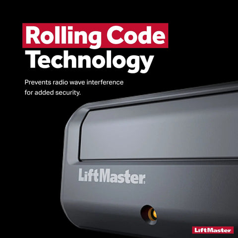 Close-up of Model 891LM Security Plus 2.0 One Button Gate Opener Remote showcasing LiftMaster rolling code technology text.