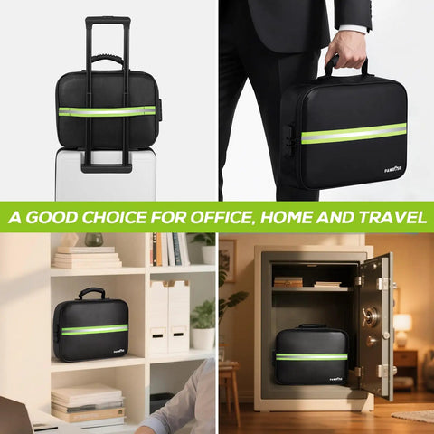 Fireproof Document Bag With Lock Upgrade For Home And Travel Water Resistant Safe Box shown on suitcase, desk, and in safe