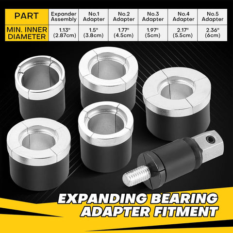 Cam Bearing Removal And Installation Tool Set with adapters showing different sizes, universal fit for camshaft bearings from 1.125" to 2.690"