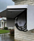 Badass Wall Mounted EV Charger Guard, All Weather Kickin Shield For Outdoor Electric Vehicle Stations mounted on wall with cover open.