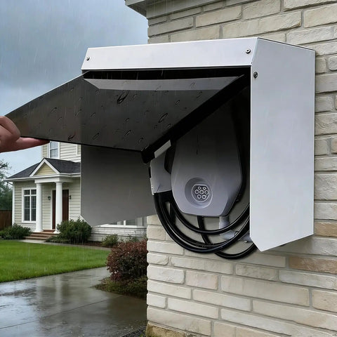Badass Wall Mounted EV Charger Guard, All Weather Kickin Shield For Outdoor Electric Vehicle Stations mounted on wall with cover open.