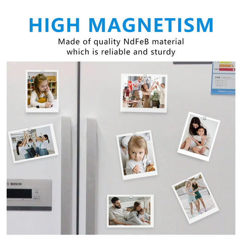 280 Piece Strong Neodymium Round Magnets 0.2x0.04 Inch Rare Earth Fridge Magnets holding photos on white fridge door