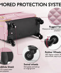 Pink TSA friendly rolling laptop bag for women with swivel wheels and rugged fabric highlighting armored protection system