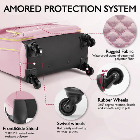 Pink TSA friendly rolling laptop bag for women with swivel wheels and rugged fabric highlighting armored protection system