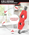Copper tubing brush and reamer, 4-in-1, red handheld tool with 1/2 in and 3/4 in heads, pipe cleaner and deburring brushes