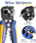 Automatic Wire Stripper And Crimping Tool For AWG 24-10 Wire, close-up showing stripping, cutting, and crimping features