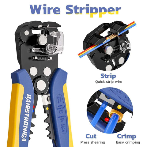 Automatic Wire Stripper And Crimping Tool For AWG 24-10 Wire, close-up showing stripping, cutting, and crimping features