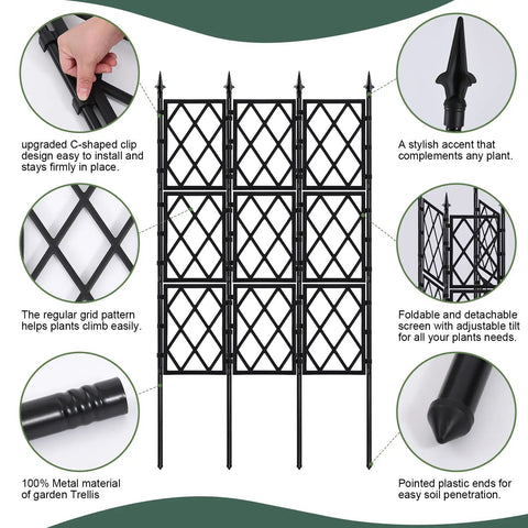 5.25 Foot Black Metal Garden Trellis Fence For Climbing Plants Outdoor Lattice Wall Frame DIY Friendly in grid pattern with features