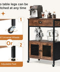 Industrial Farmhouse Coffee Bar Cart With 3 Tier On Wheels Rustic Brown Mobile Coffee Station Table With Storage shown with wheels and adjustable feet options