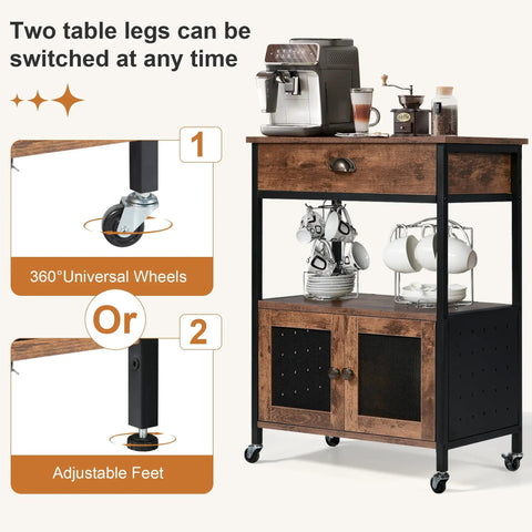 Industrial Farmhouse Coffee Bar Cart With 3 Tier On Wheels Rustic Brown Mobile Coffee Station Table With Storage shown with wheels and adjustable feet options