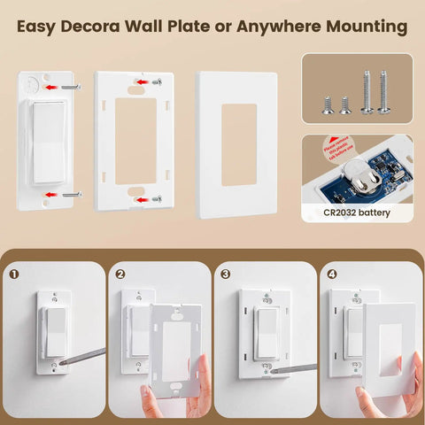 Wireless Light Switch And Receiver Kit For Decorator Rocker Wall Plate 15A No Wiring Needed installation steps and parts