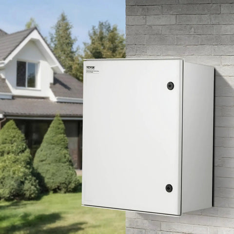 Rugged Fiberglass Electrical Enclosure Box For Outdoors With Mounting Plate IP66 Weatherproof on brick wall, house background