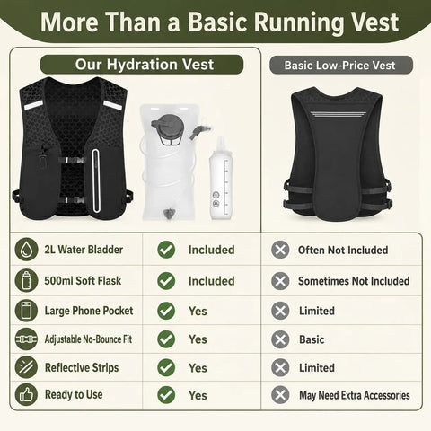 Comparison chart of No Bounce Hydration Vest For Running With 2L Bladder And 500ml Soft Flask and a basic low-price vest.