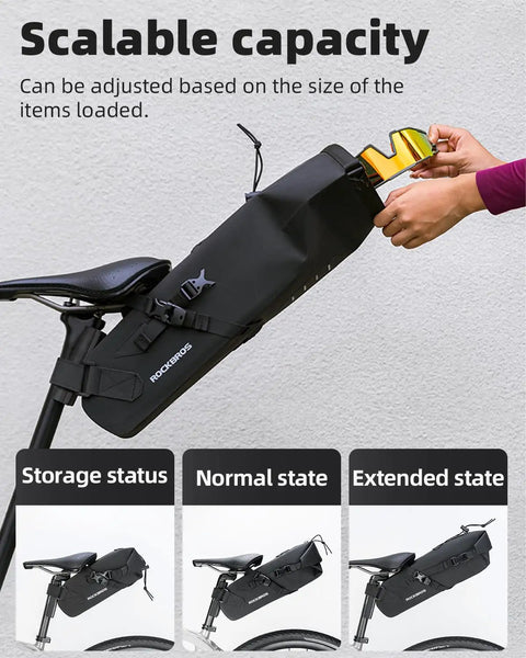 Expandable Waterproof Bikepacking Saddle Bag with 3L capacity shown adjustable, fitted under a bicycle seat for storing gear.