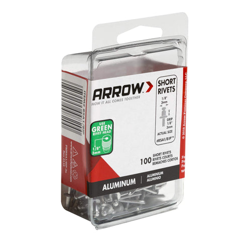 Package of Short Aluminum One Eighth Inch Pop Rivets For Metal Fabric Leather And Auto Repair 100 Pack Reliable Rivet Fasteners