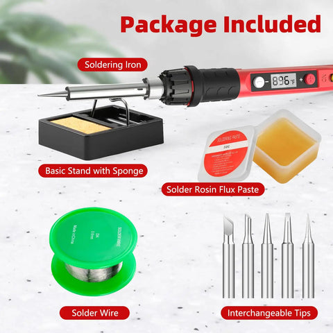 80W 110V Soldering Iron Kit With LCD Temperature Display, sponge stand, solder wire, rosin flux paste, and tips.