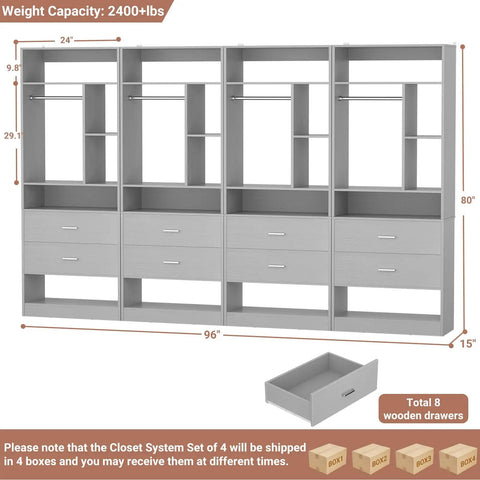 Freestanding 8Ft Closet System With Smooth Rolling Casters And Four Roomy Wood Drawers, 96x15x80 inches, gray wardrobe with 8 drawers.