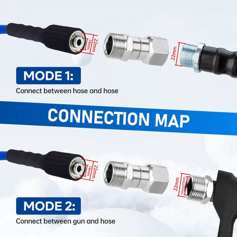 360 Degree Swivel Pressure Washer Fittings M22 14mm Thread 5000 PSI Universal Connectors For Hassle Free Hose Maneuvering And No Kinks Two Pack Ideal For Home And Professional Cleaning Tasks. connection map showing hose-to-hose and gun-to-hose use
