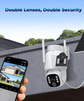 Solar Wireless Outdoor Security Camera System with Dual Lens 360 Degree Coverage mounted on roof with smartphone display.