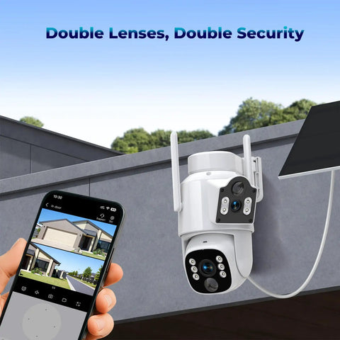 Solar Wireless Outdoor Security Camera System with Dual Lens 360 Degree Coverage mounted on roof with smartphone display.